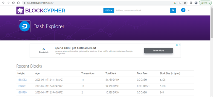 Screenshot of the Dash blockchain explorer website by BlockCypher