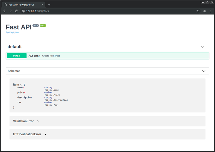 A sample FastAPI swagger documentation for a defined model